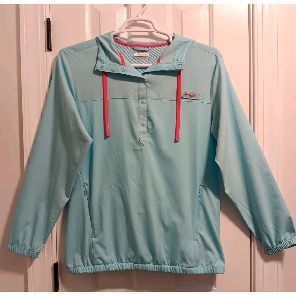 Columbia PFG Hooded Pullover Jacket Womens Medium Blue Lightweight Windbreaker